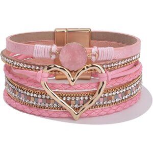 Leather Wrap Bracelet Faux Leather Pink Heart Resin Stone Magnetic Clasp Jewelry